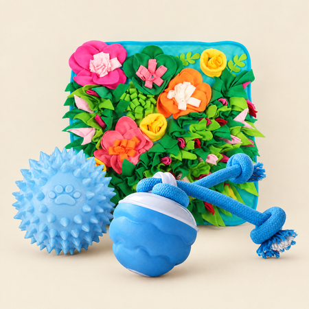 Dog toys: snuffle mat, spiky chew ball and self-rolling ball