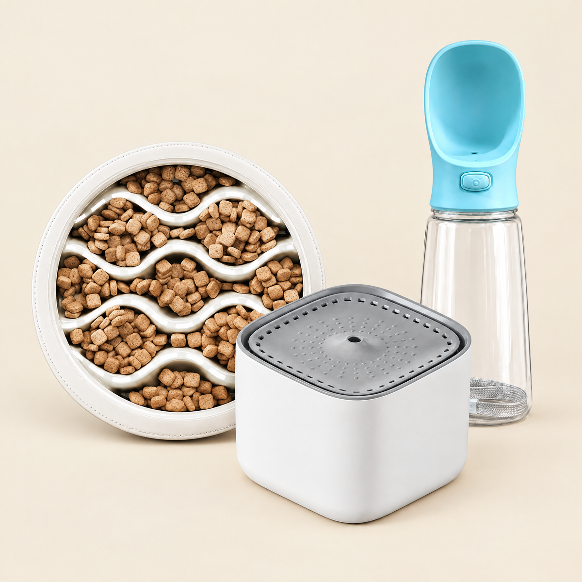 Pet feeding and watering: slow feeder, water fountain and travel bottle