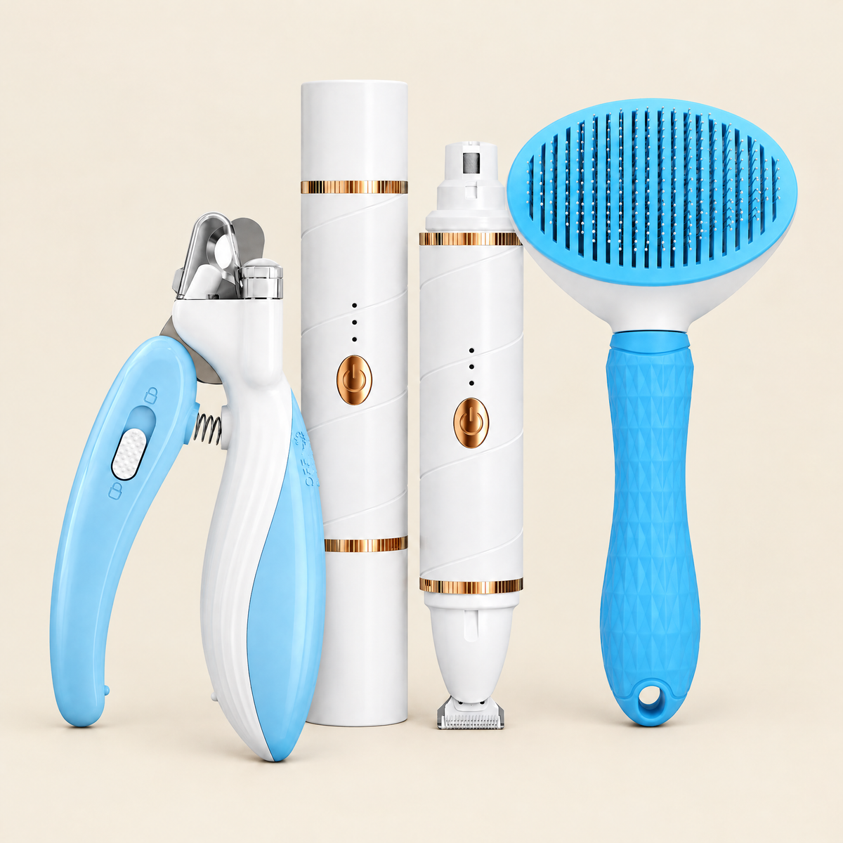 Pet grooming tools: nail clippers, grinder and slicker brush