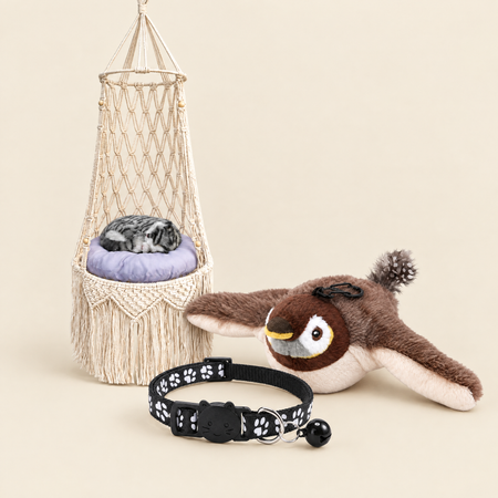 Cat supplies: macrame hammock, bird toy and paw print collar