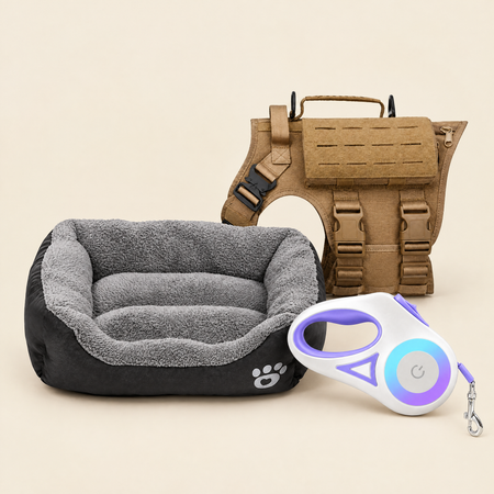 Dog supplies: harness vest, fleece bed and LED leash