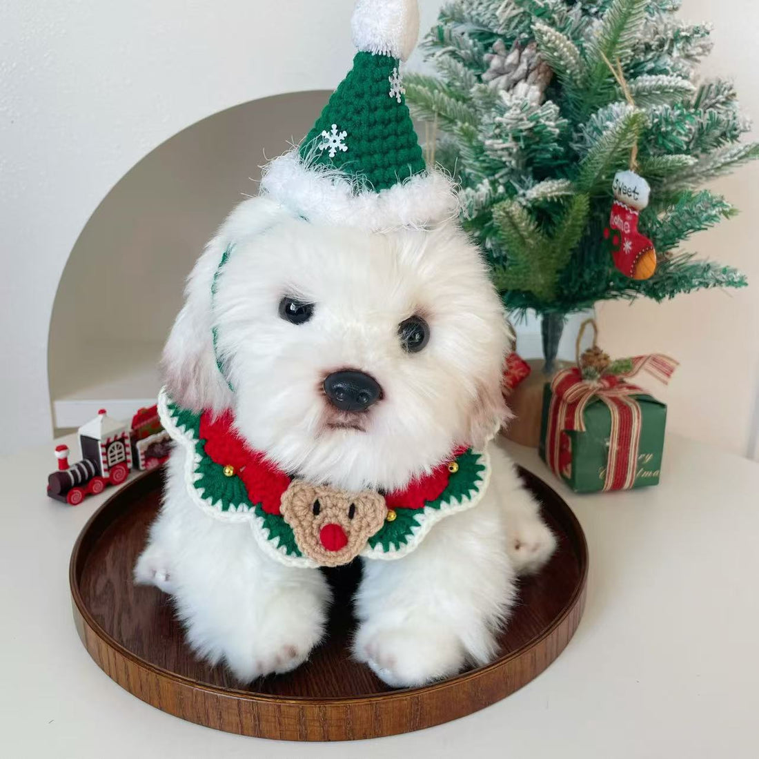 Hand-Crocheted Christmas Pet Collar & Hat Set