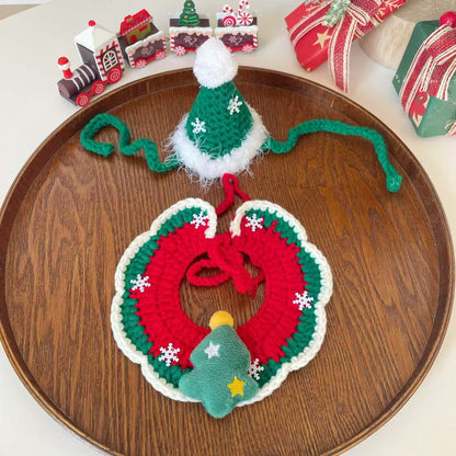 Hand-Crocheted Christmas Pet Collar & Hat Set