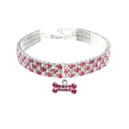Rhinestone Pet Necklace Collar with Bone Charm
