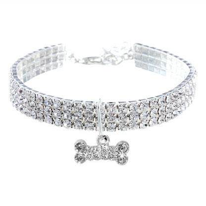 Rhinestone Pet Necklace Collar with Bone Charm