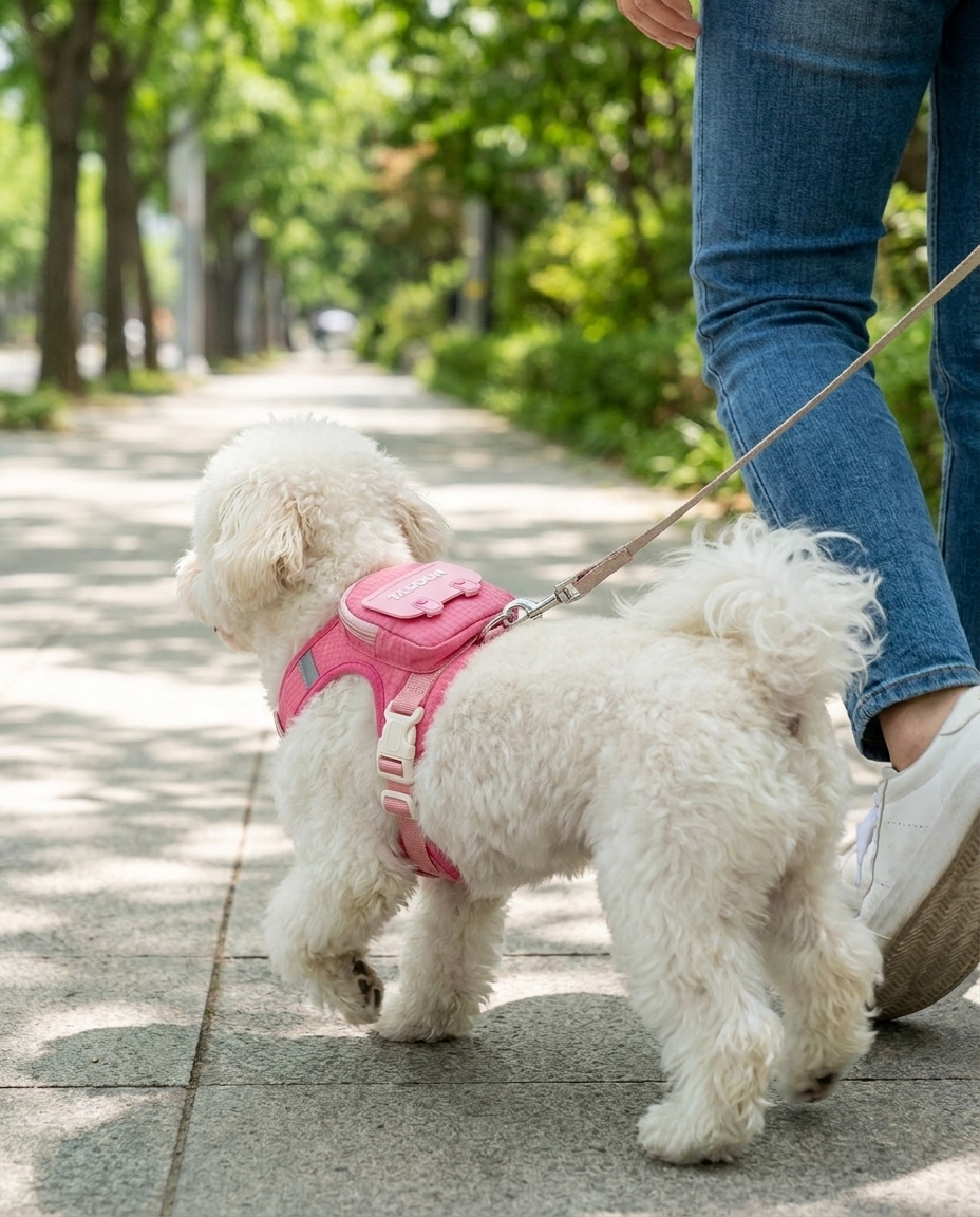 Small white dog on a walk wearing the pink plaid backpack harness