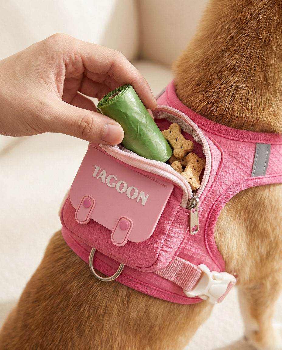 Poop bags and treats going into the harness mini backpack
