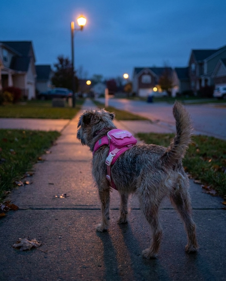 Dog on an evening walk wearing the backpack harness with reflective strips
